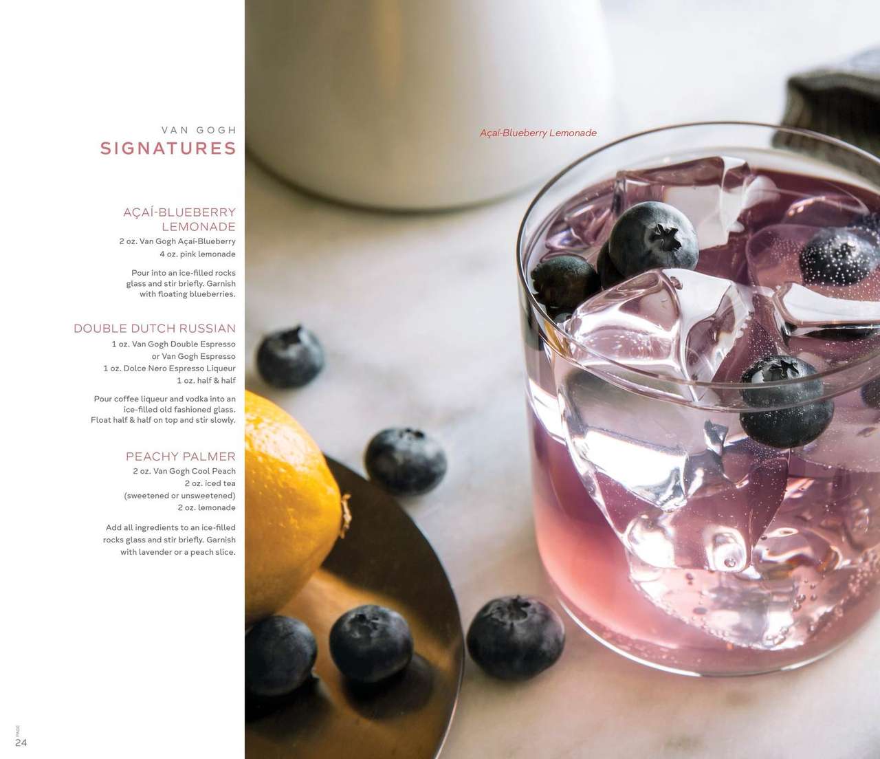 Van Gogh Vodka recipe book spread, Signatures, featuring an Acai-Blueberry Lemonade