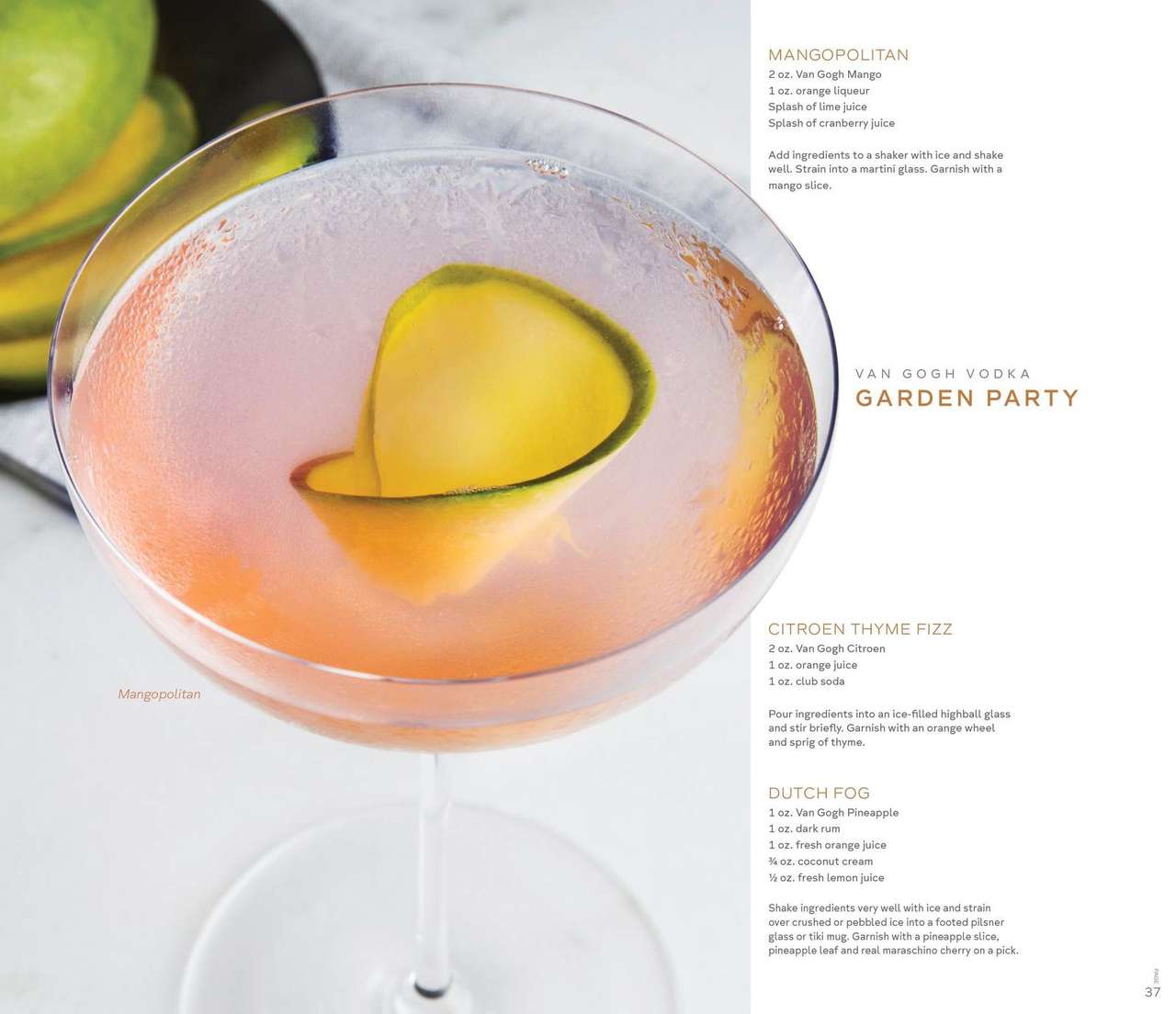 Van Gogh Vodka recipe book spread, Garden Party, featuring a Mangopolitan cocktail