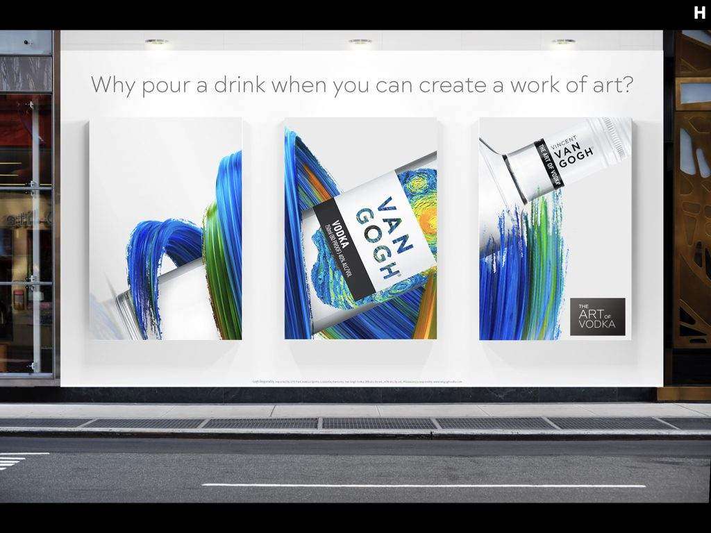 Three-panel Van Gogh Vodka storefront ad reading 'Why pour a drink when you can create a work of art?'