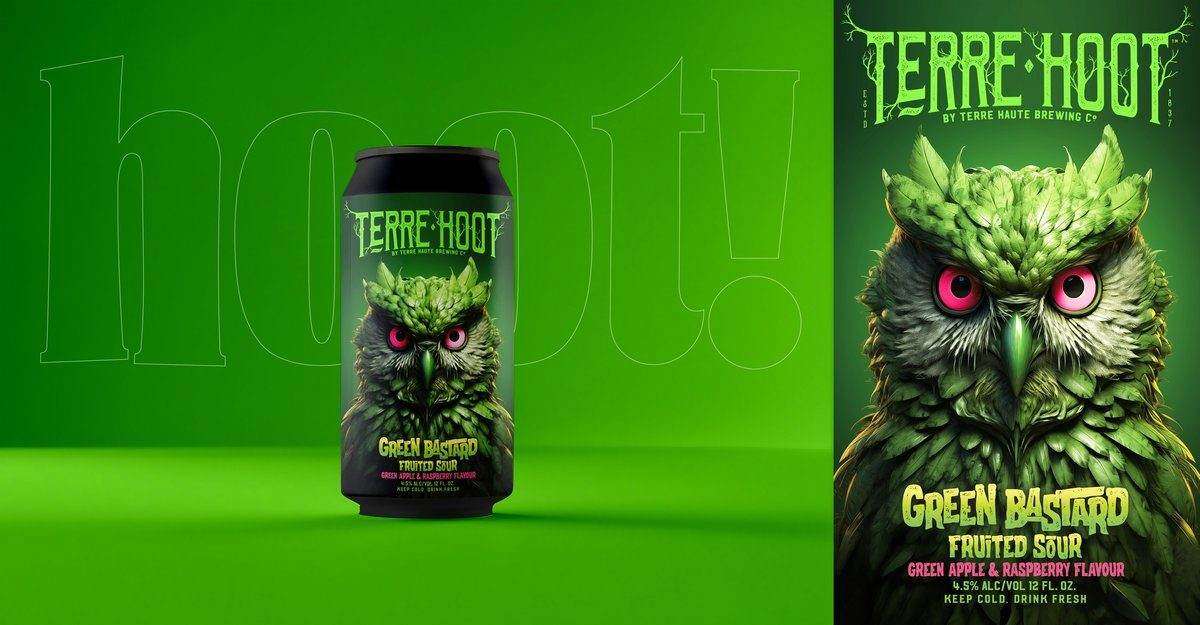 Green Bastard can and poster displayed together in a retail cooler, hoot promotional shot