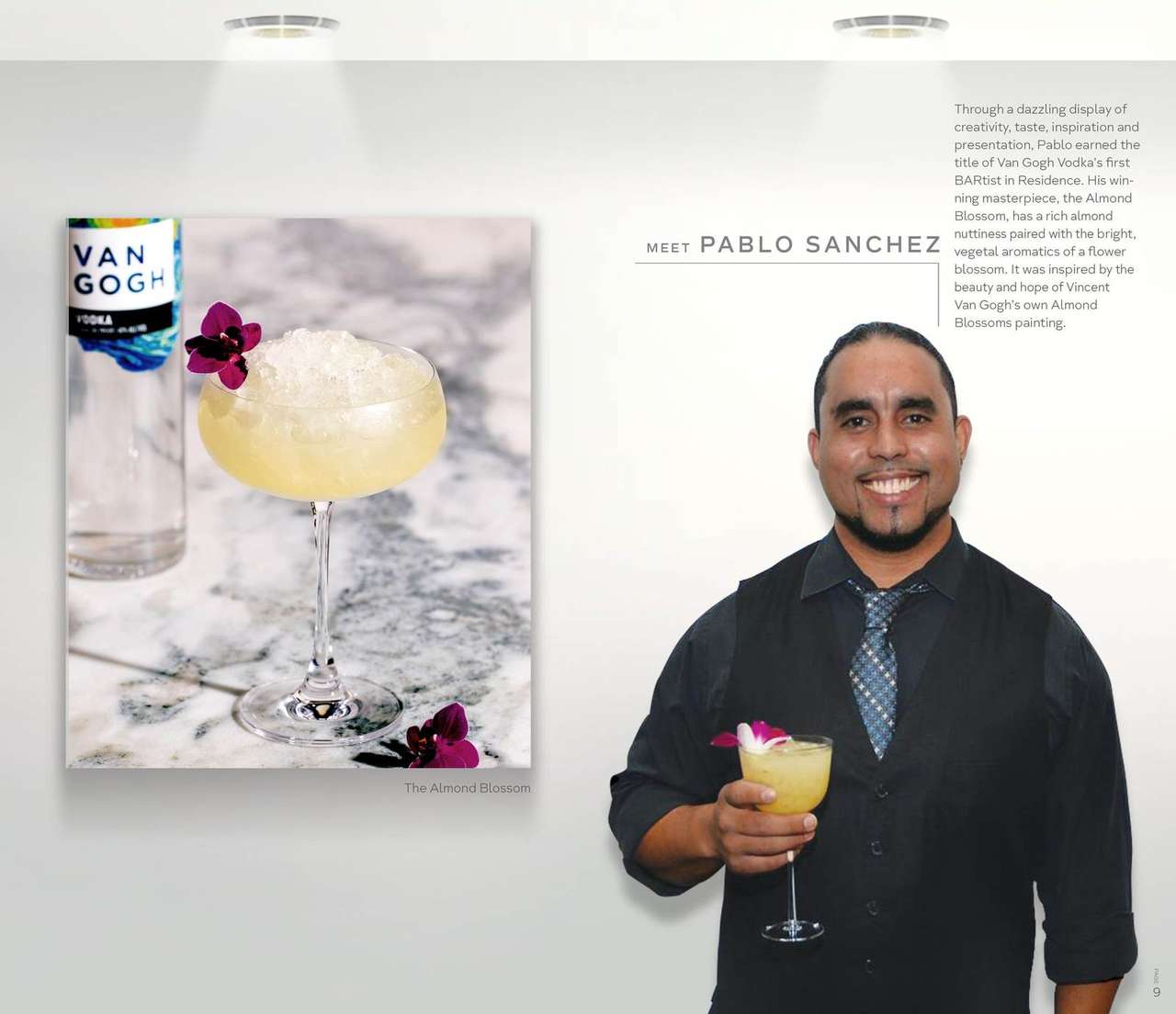 Van Gogh Vodka recipe book spread introducing BARtist in Residence Pablo Sanchez and his Almond Blossom cocktail