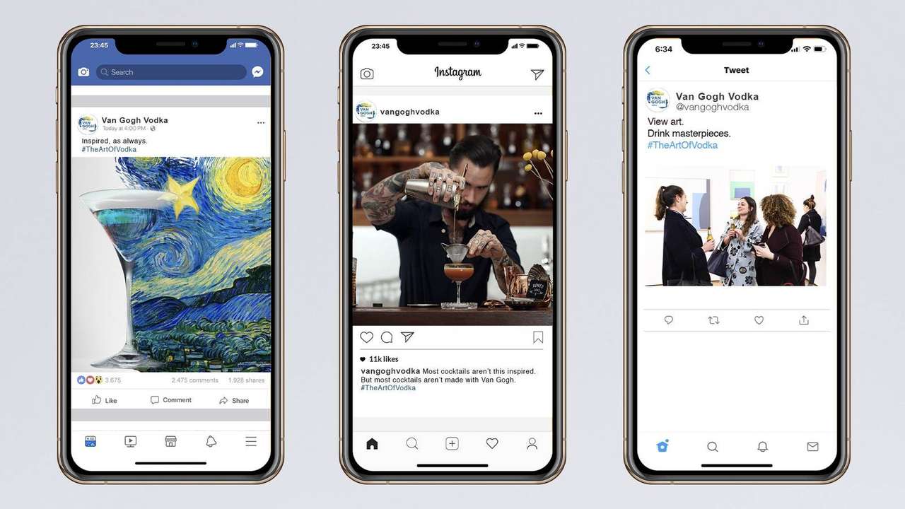 Van Gogh Vodka social media posts on Facebook, Instagram and Twitter featuring Starry Night-inspired cocktails and gallery imagery