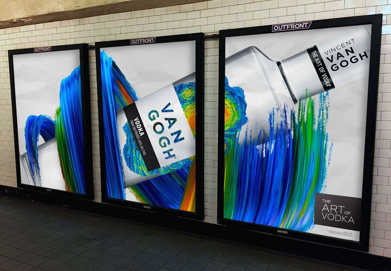 Three Van Gogh Vodka transit posters in a subway station