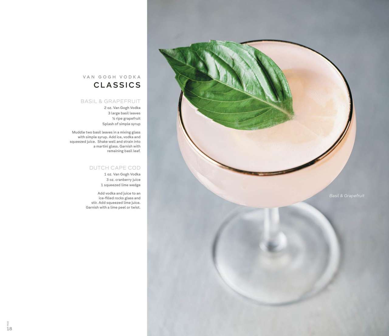 Van Gogh Vodka recipe book spread, Classics, featuring a Basil and Grapefruit cocktail