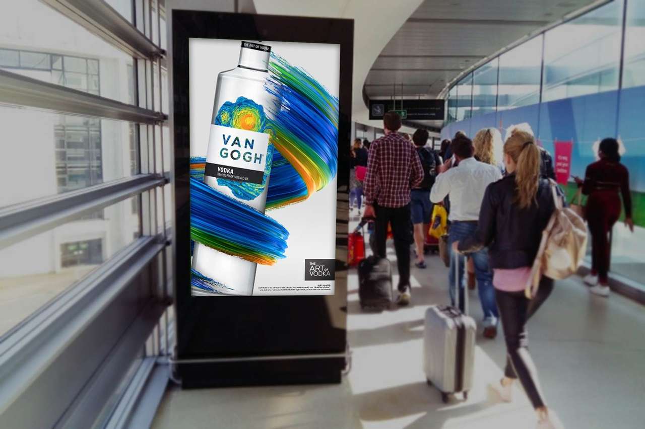 Van Gogh Vodka digital ad on an airport terminal signage screen
