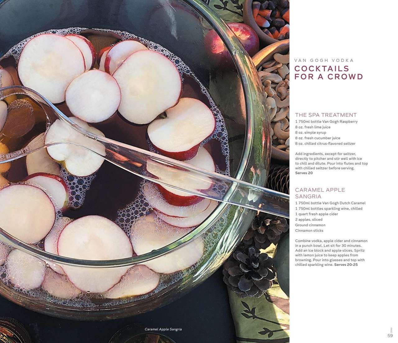 Van Gogh Vodka recipe book spread, Cocktails for a Crowd, featuring a Caramel Apple Sangria punch bowl
