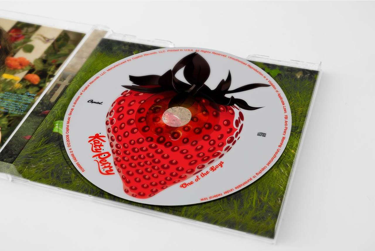Strawberry-shaped CD label design for One of the Boys